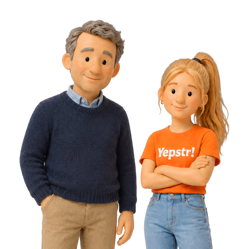 Teenage girl and her dad. The girl is wearing an orange t-shirt that says Yepstr.