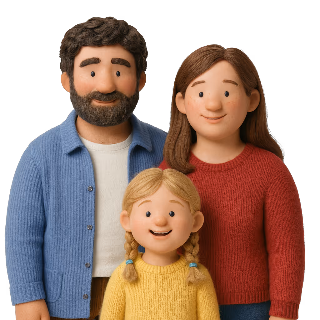 3D-rendered family with two parents and a child – typical Yepstr customers