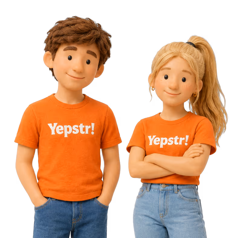 Två 3D-renderade tonåringar i orange Yepstr-tröjor