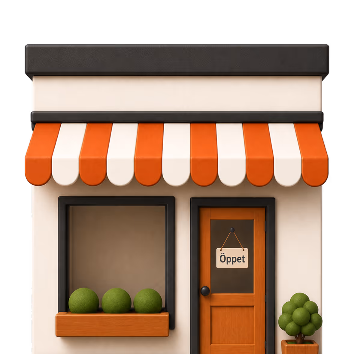 3D-rendered storefront with an orange and white striped awning and a sign reading "Öppet" (Open)