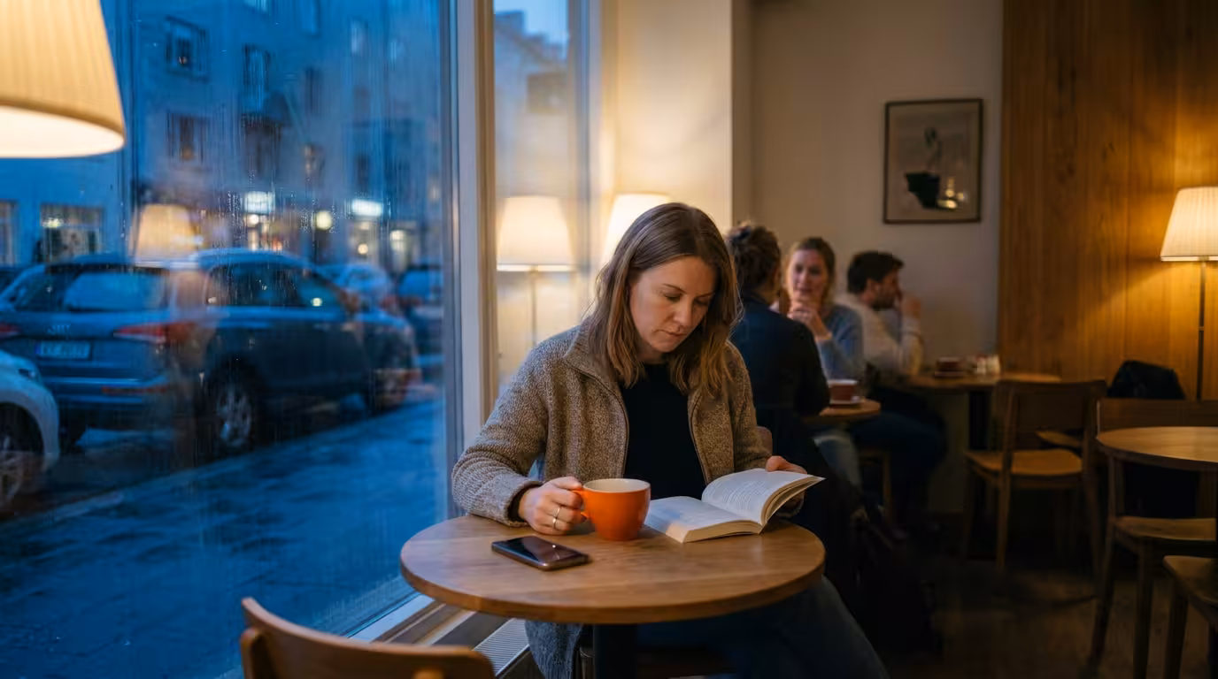 Kvinna i trettioårsåldern sitter ensam vid ett kaféfönster i skymningen och läser en bok