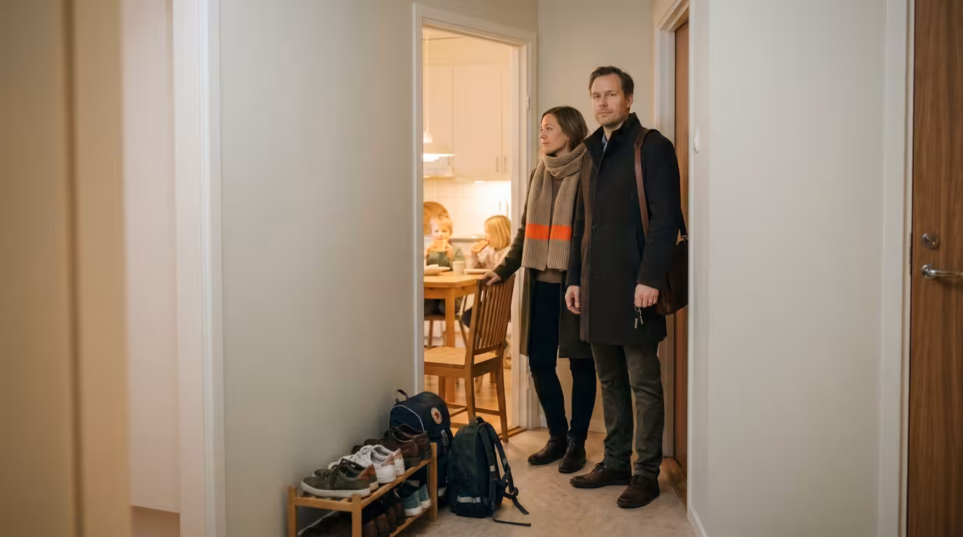 Två föräldrar står i sin hall med ytterkläderna på och tittar in mot barnen vid köksbordet