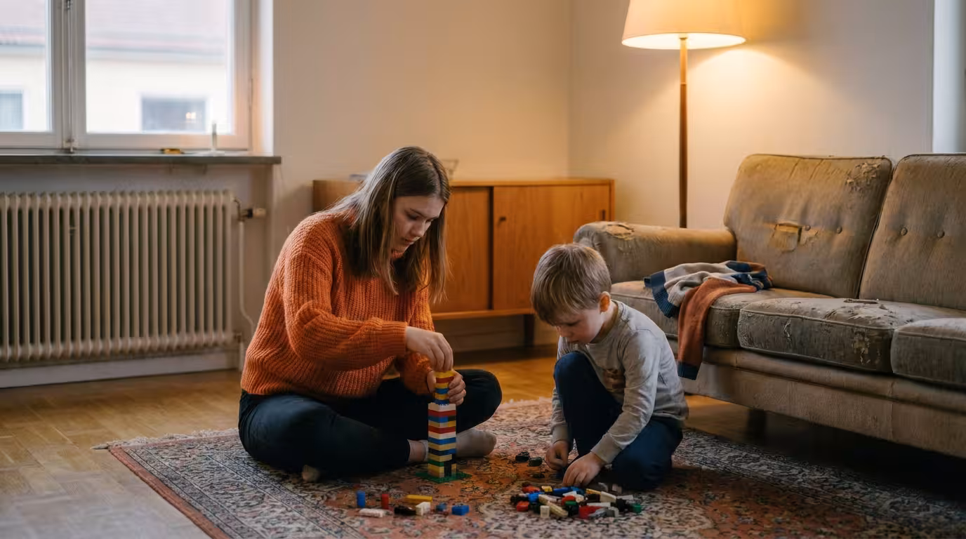 Sjuttonårig tjej och femårig pojke bygger ett legotorn på ett vardagsrumsgolv