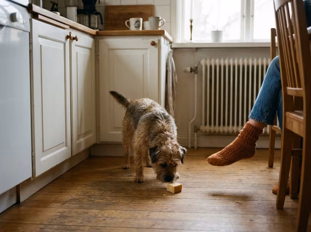 En hund tittar nyfiket på en bit ost som ligger på köksgolvet