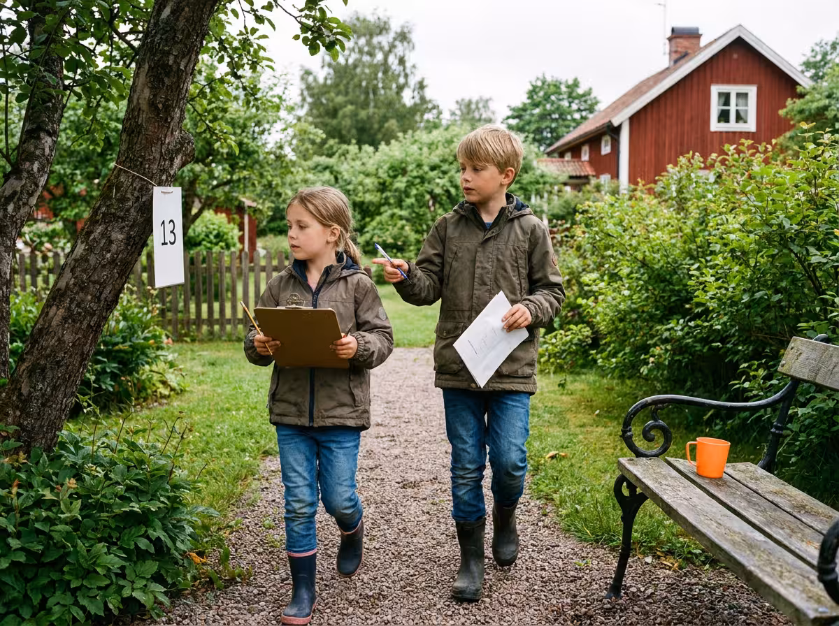 Barn går tipspromenad utomhus med papperslappar och pennor i handen