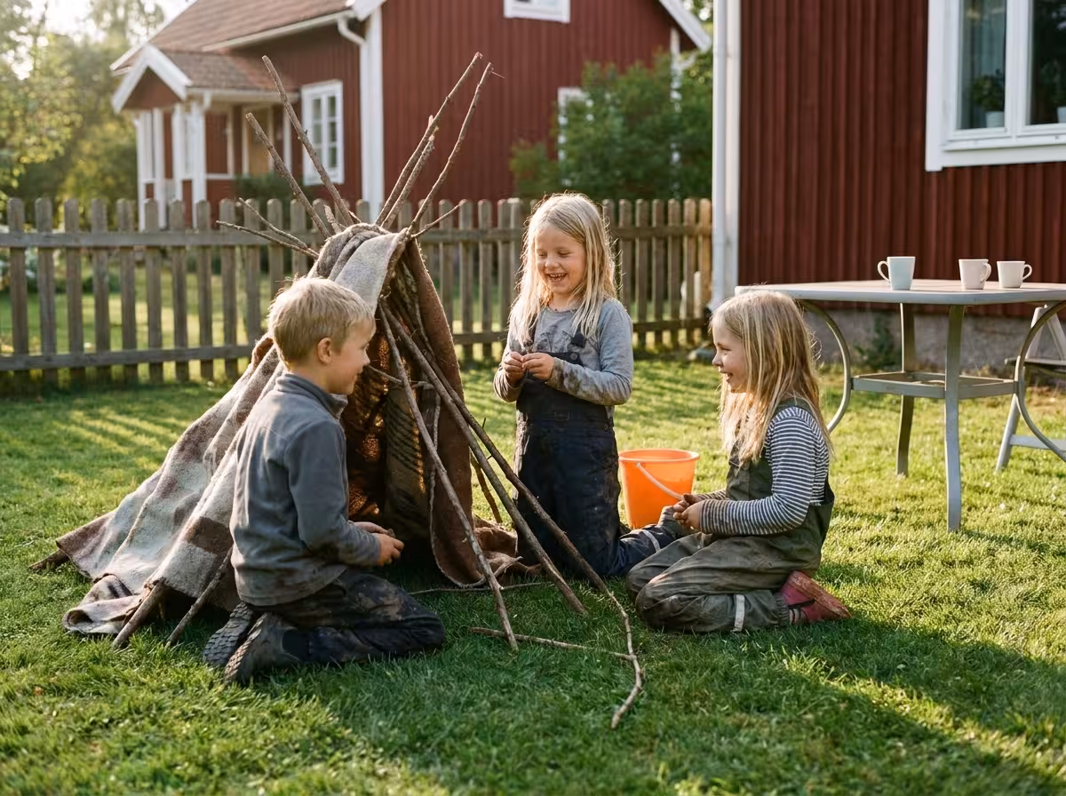 Barn som leker utomhuslekar tillsammans på en gräsmatta en solig eftermiddag