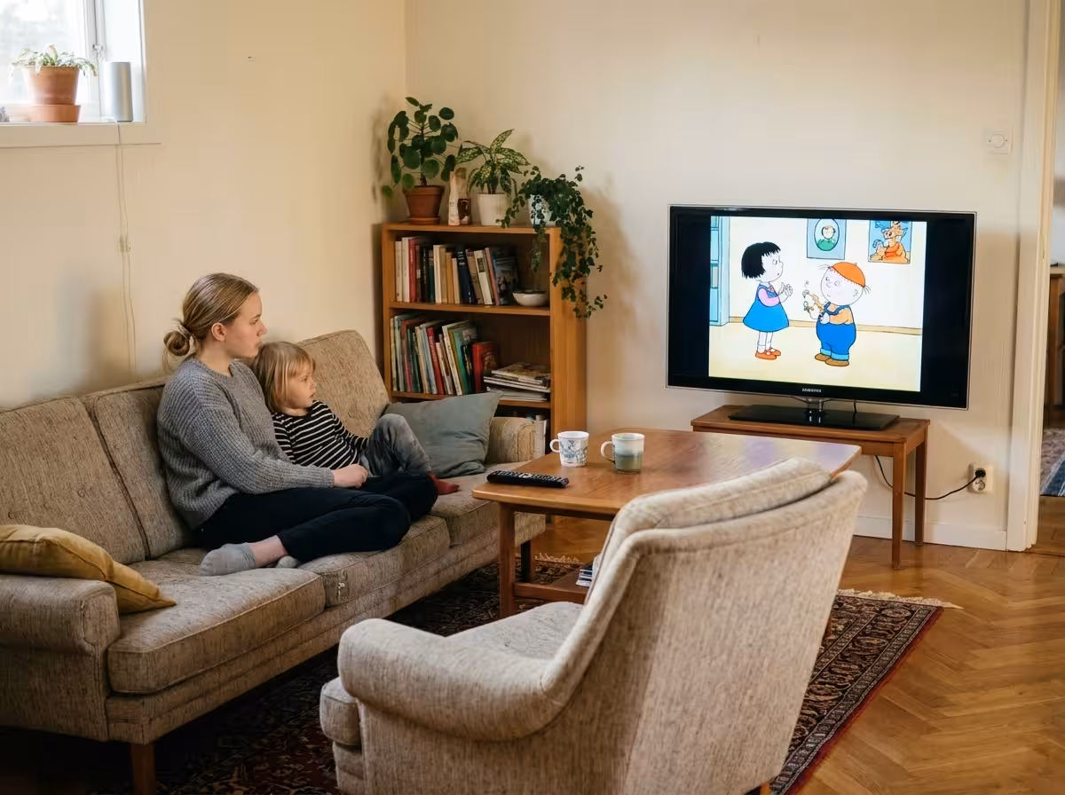 Barn och barnvakt sitter i soffan och tittar tillsammans på gamla barnprogram