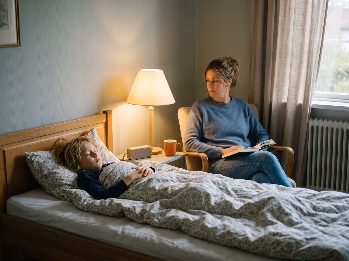 Ett barn ligger i sängen och lyssnar på lugn musik medan en vuxen sitter bredvid i mjukt lampljus