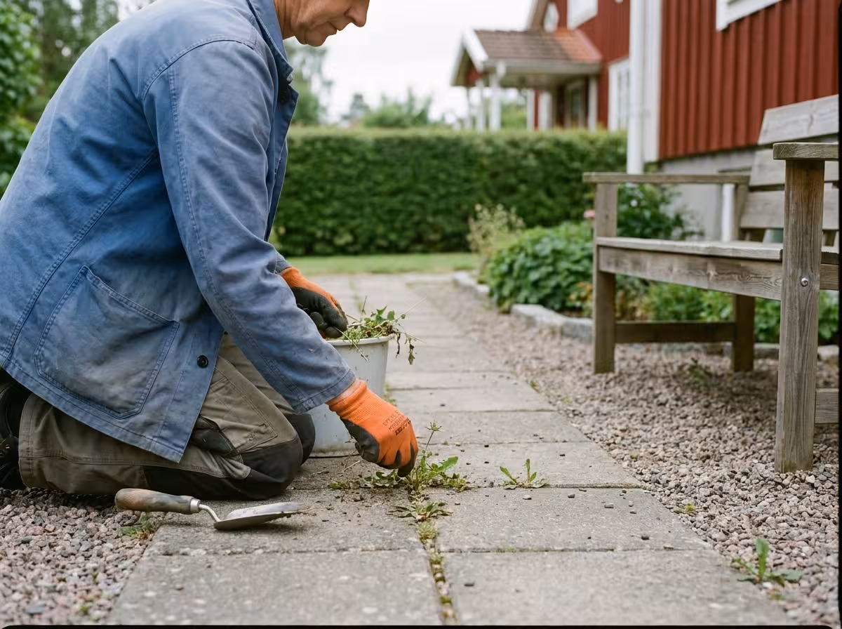 Händer som rensar ogräs mellan stenplattor på en grusgång