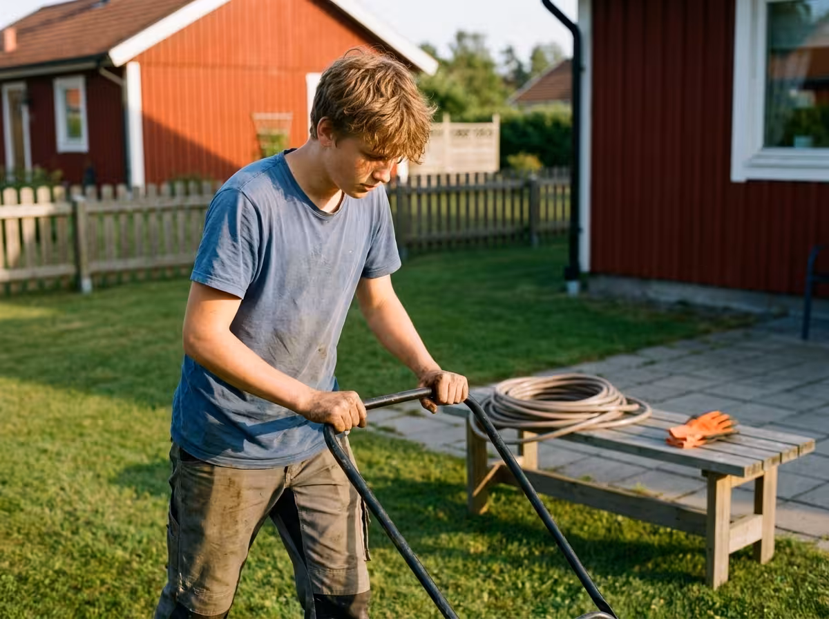En person klipper gräsmattan i en villaträdgård en solig eftermiddag