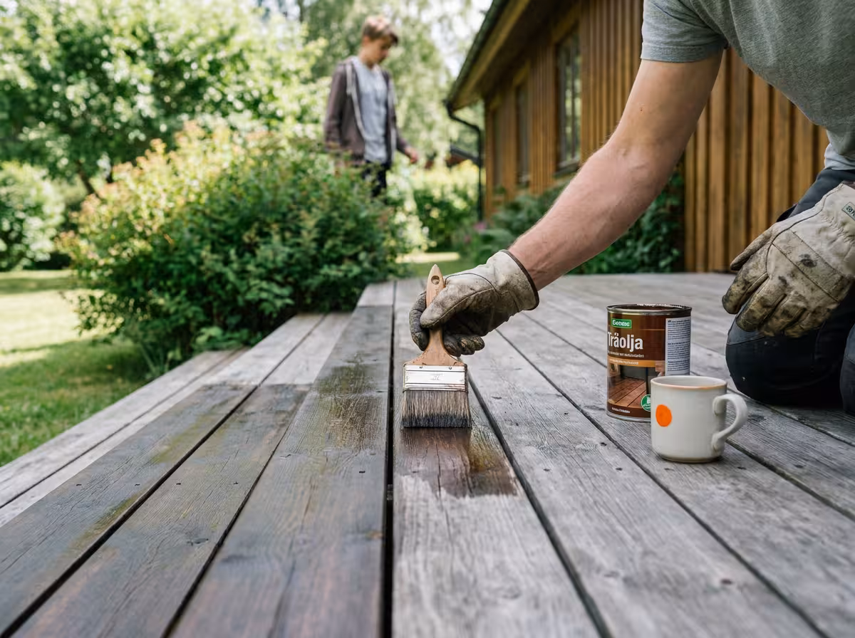 Person oljar in en träaltan med pensel en solig sommardag