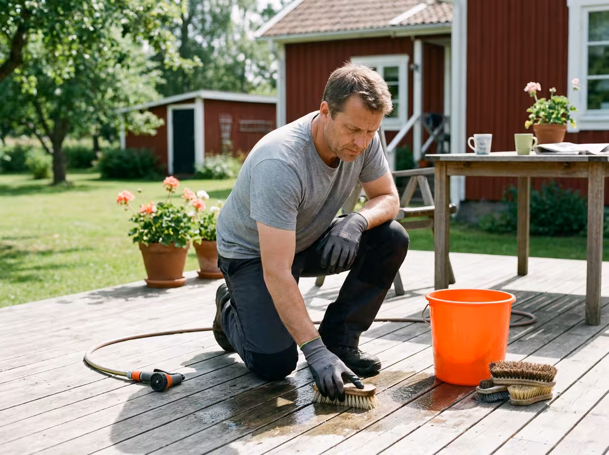 Person skurar en träaltan med borste och vatten en solig vårdag