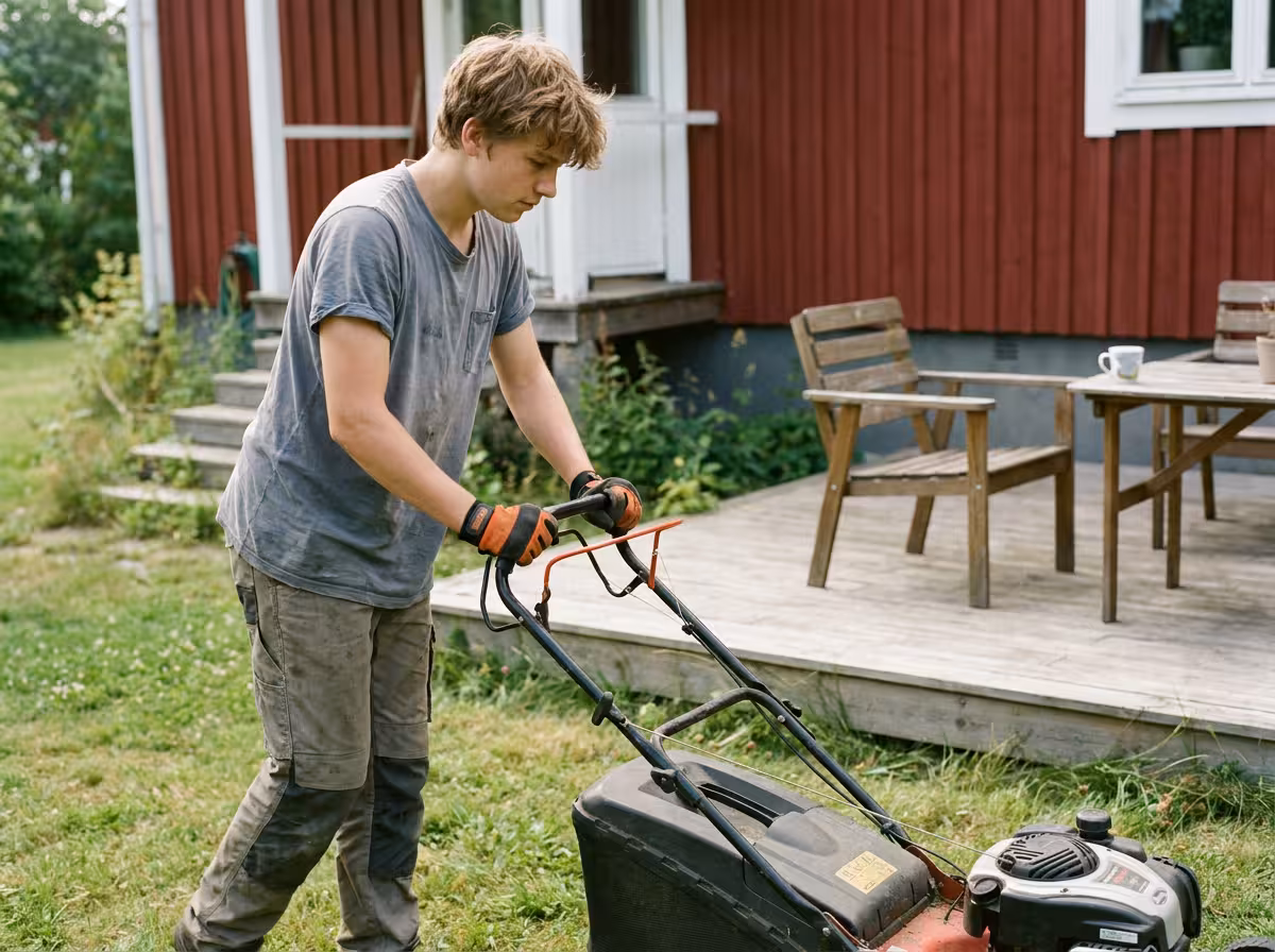 Ung person klipper gräsmattan i en villaträdgård en solig eftermiddag