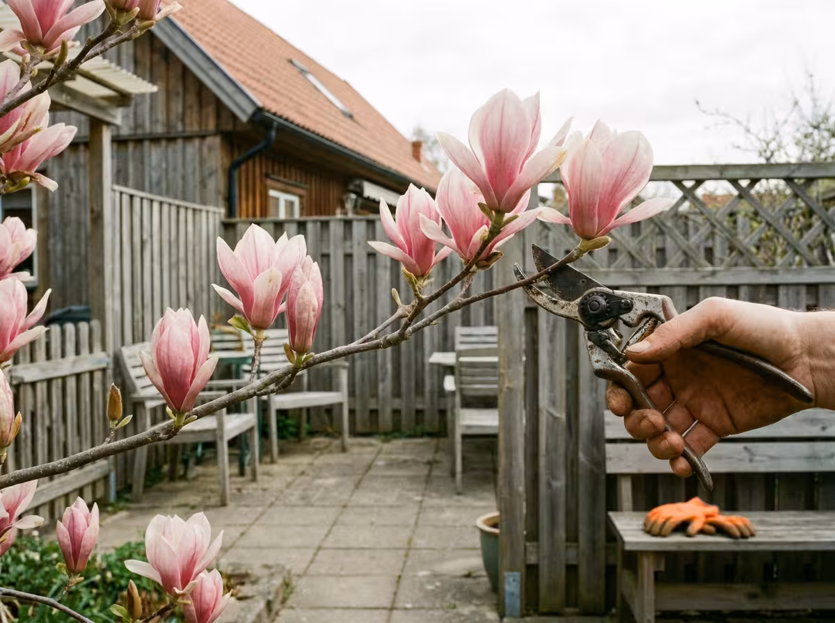 Rosa magnoliablommor på en gren i solljus, redo att beskäras efter blomning