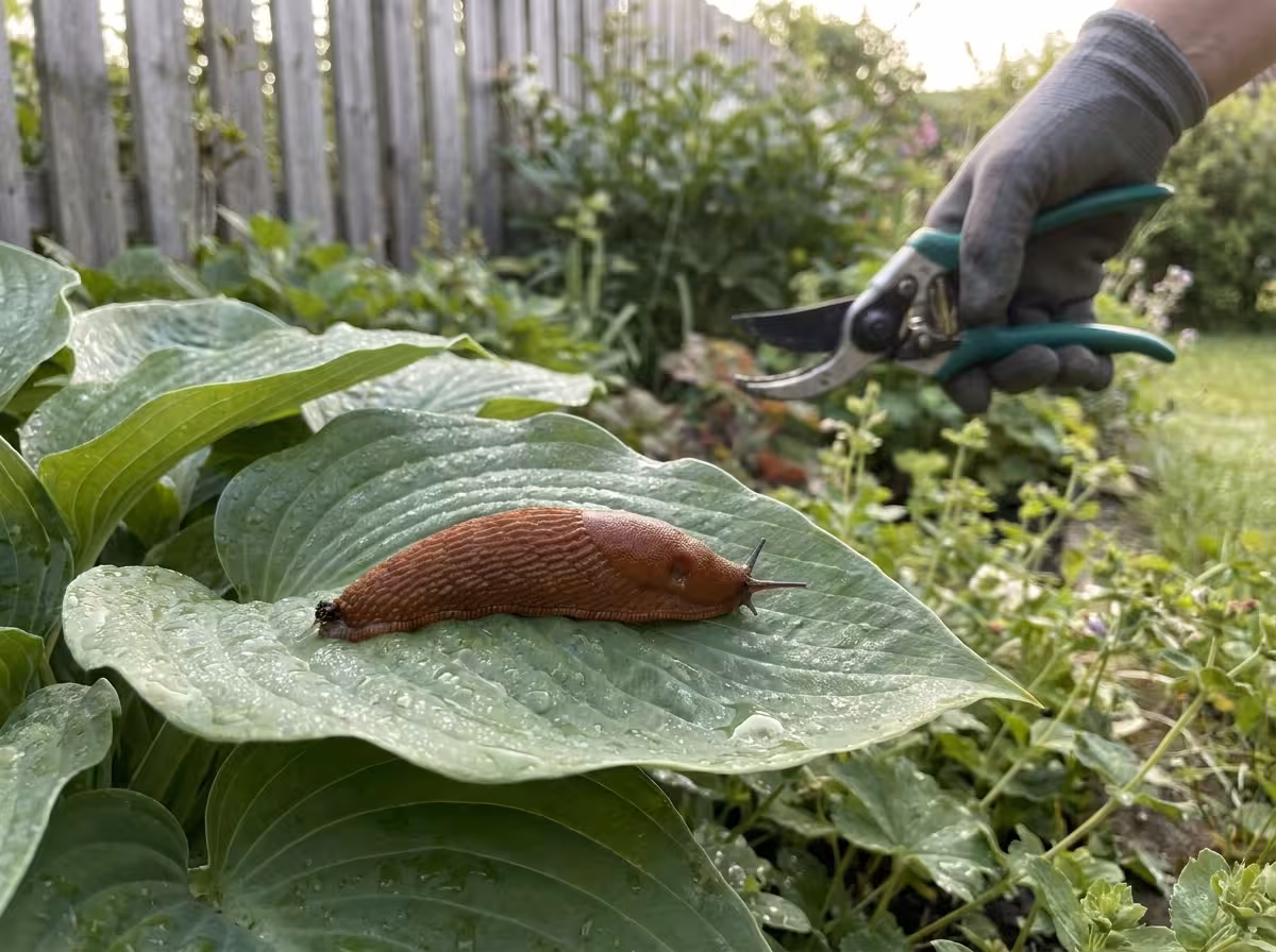 Mördarsnigel på ett grönt blad i en svensk trädgård tidigt på morgonen