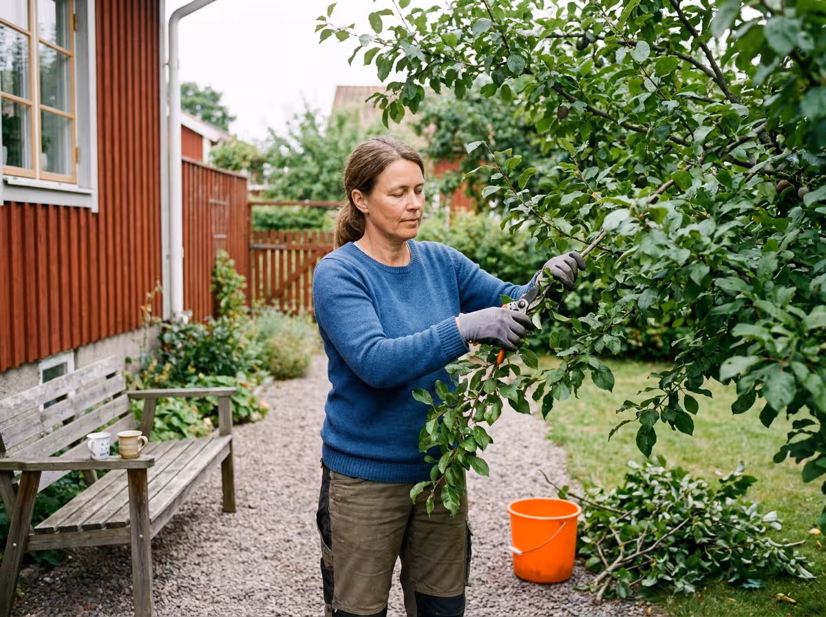En person klipper grenar på ett plommonträd med en sekatör en sommardag