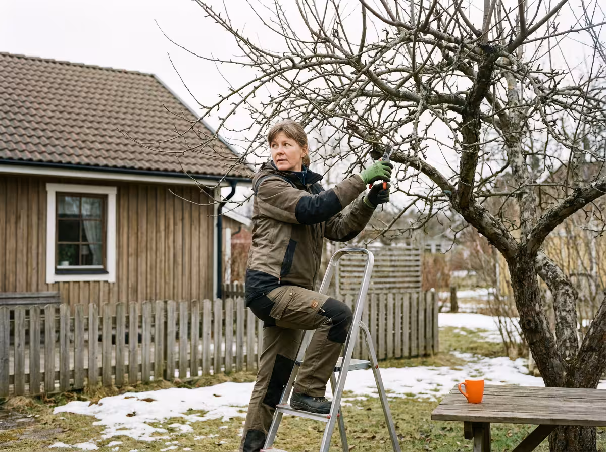 En person beskär ett äppelträd med sekatör en tidig vårdag