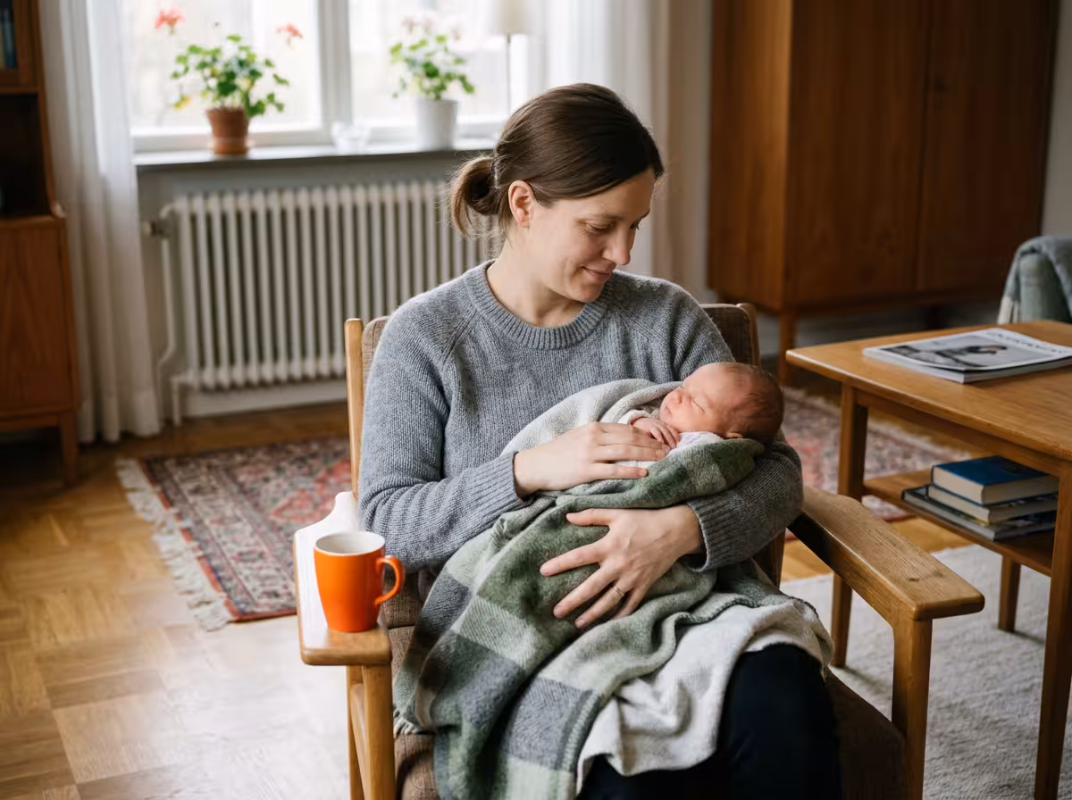 Nyfödd flicka sover i famnen på en förälder, omgiven av mjuka filtar