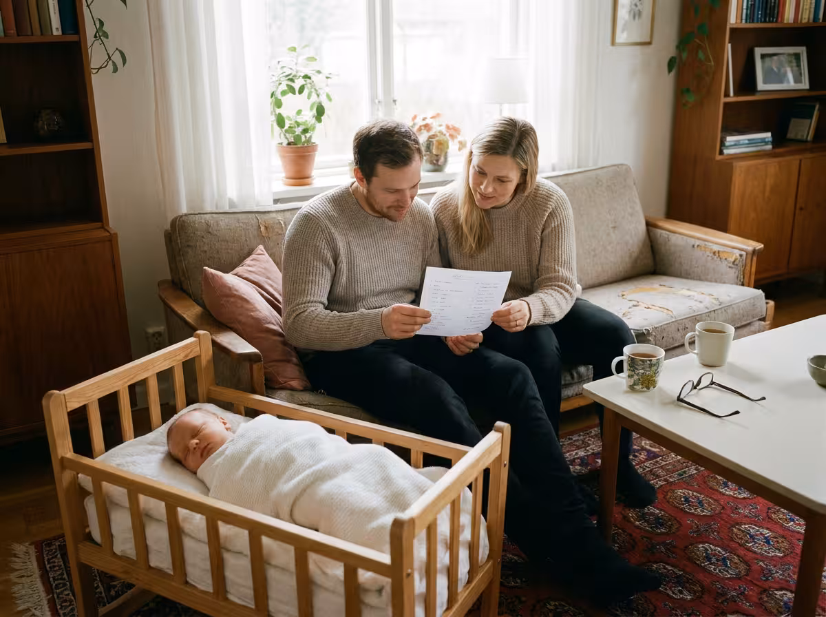 Föräldrar tittar tillsammans i en bok med förslag på barnnamn