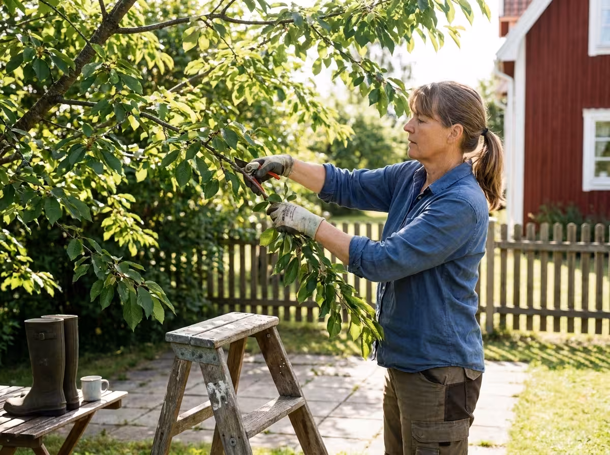 En person beskär ett körsbärsträd med en sekatör en solig sommardag