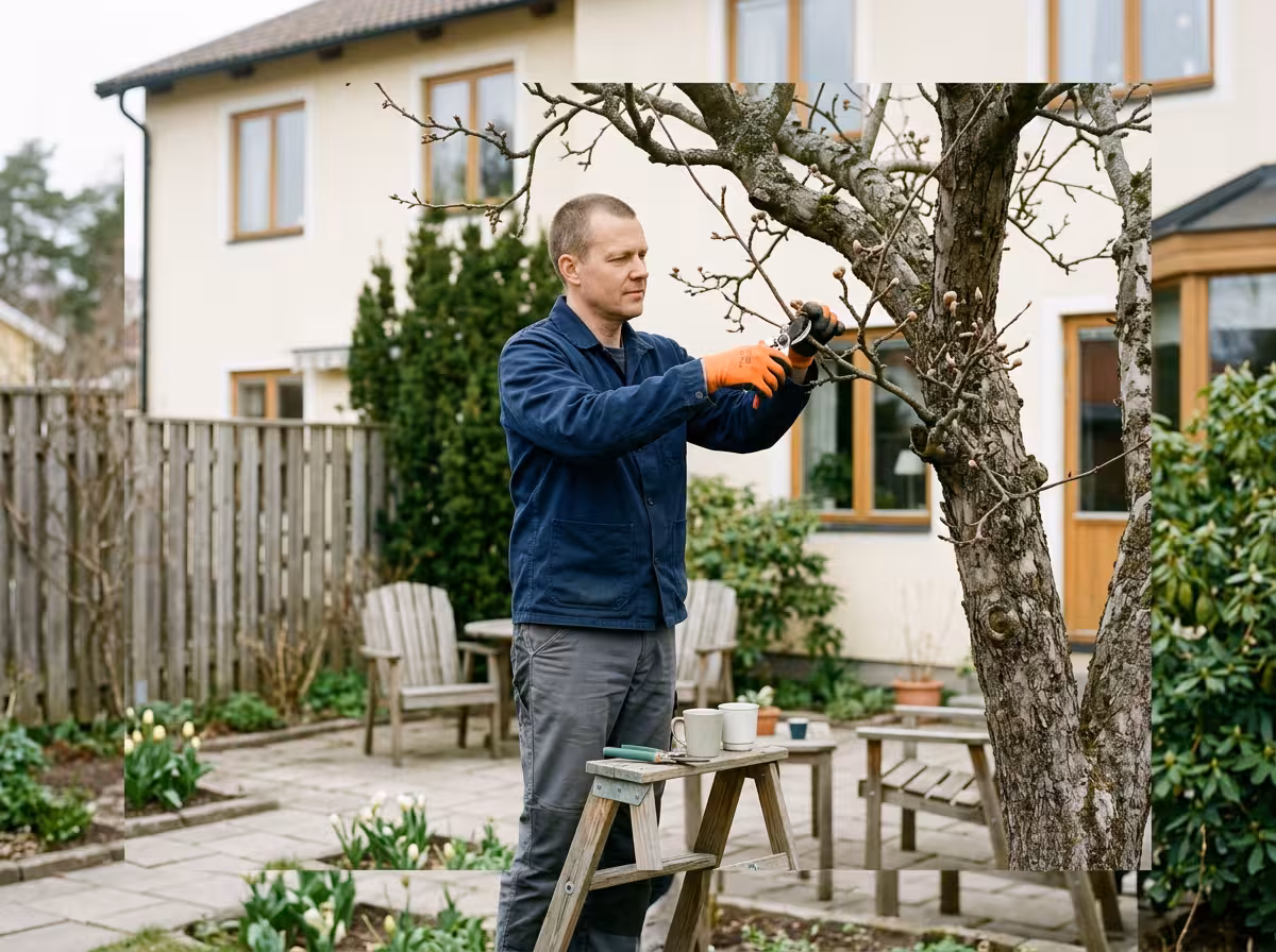 En person beskär ett päronträd med sekatör en tidig vårdag