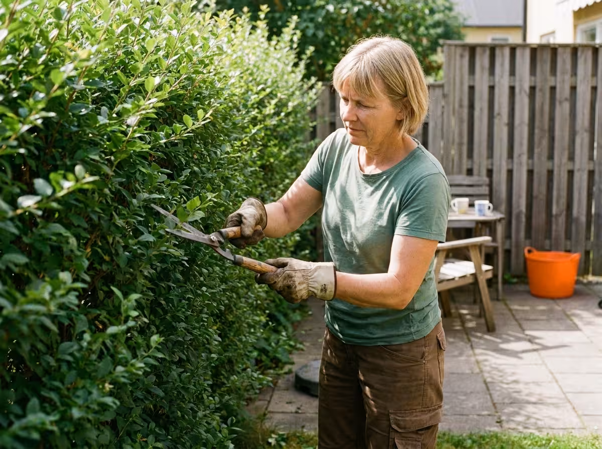 En person klipper en grön häck med häcksax en solig sommardag