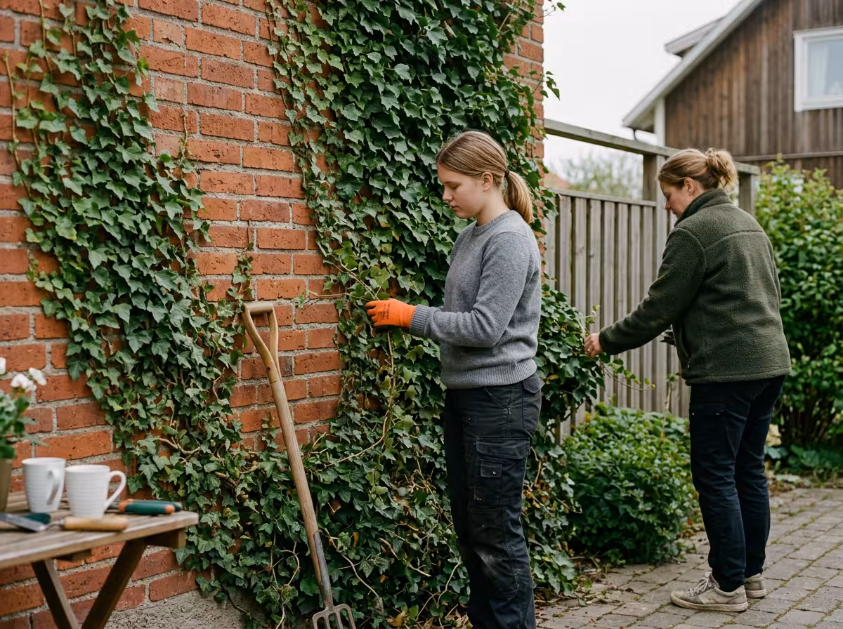 Murgröna som klänger längs en tegelmur i en trädgård