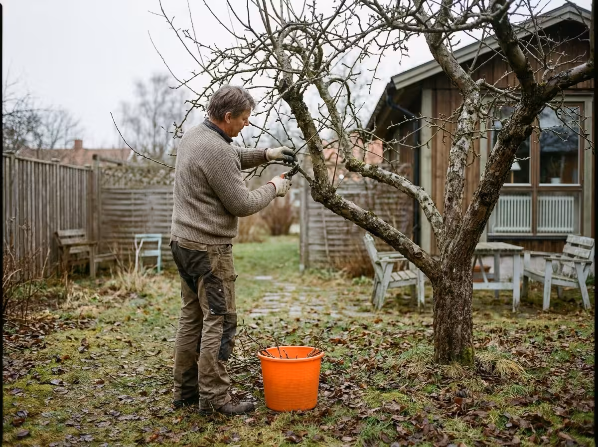 En person beskär grenar på ett fruktträd med sekatör en tidig vårmorgon