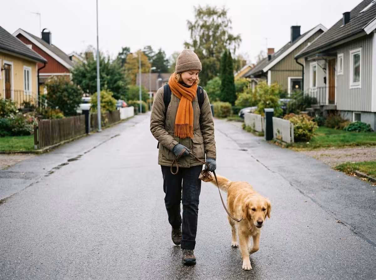 En ung hundvakt går promenad med en hund i ett bostadsområde i Stockholm