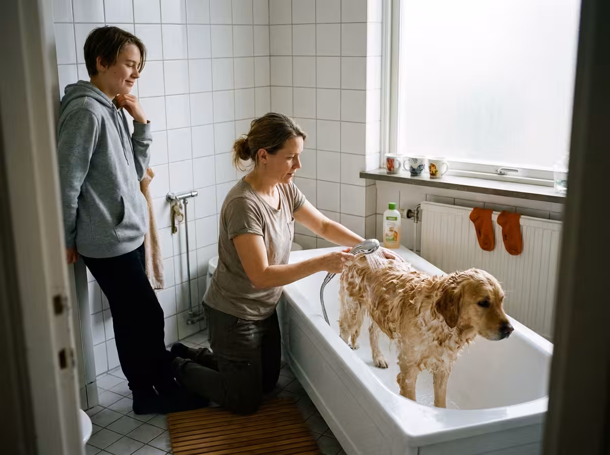 Hund som badas skonsamt i badkar med schampo i pälsen