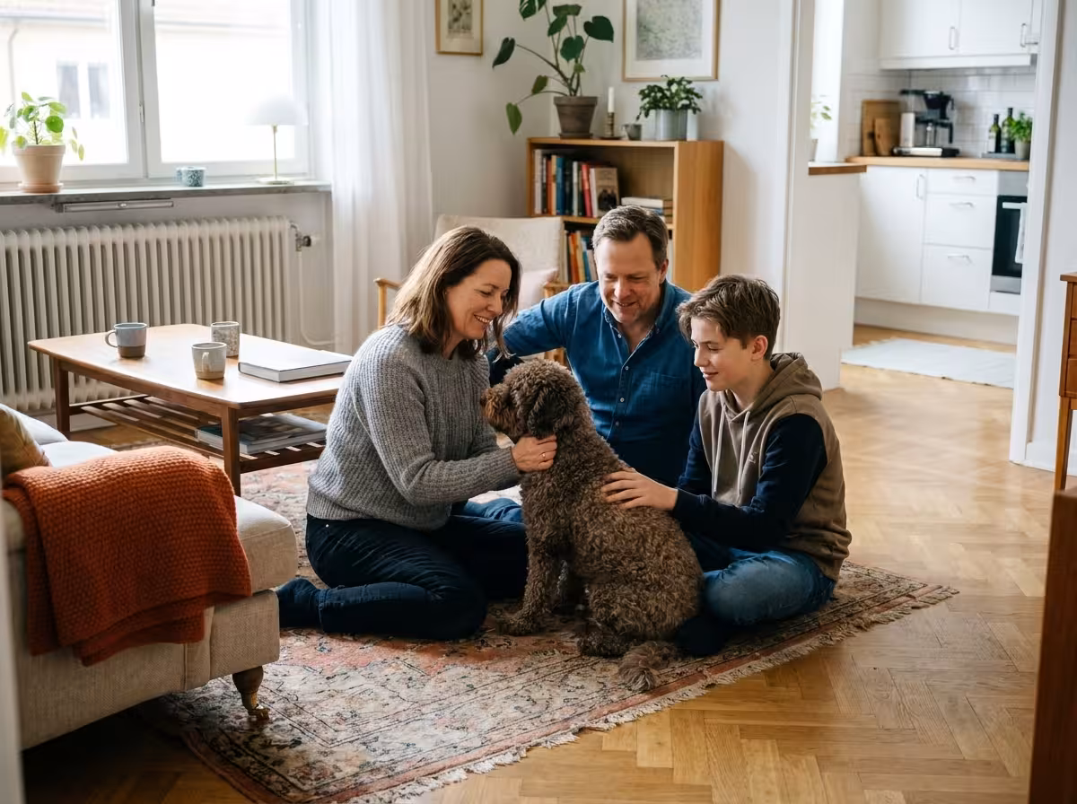 En familj klappar en lockig, allergivänlig hund i vardagsrummet