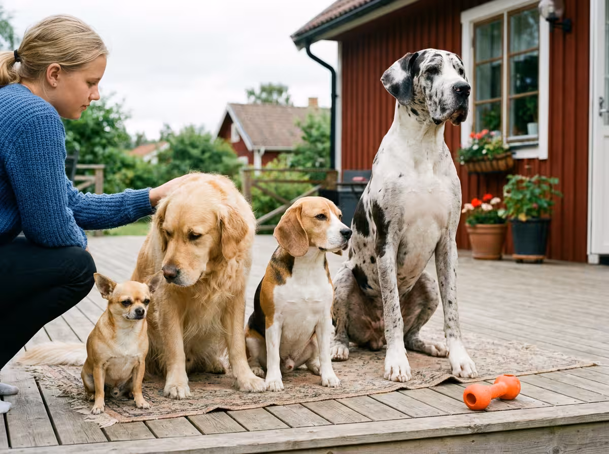 Fyra hundar i olika storlekar, från liten chihuahua till stor grand danois, sitter bredvid varandra