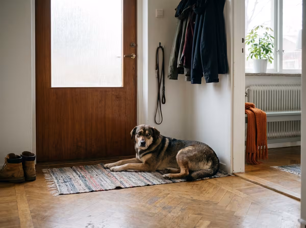 Hund som ligger vid ytterdörren och väntar oroligt medan ägaren har gått