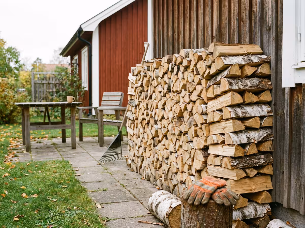 Vedstapel utomhus mot en husvägg, staplad med barken uppåt för att torka