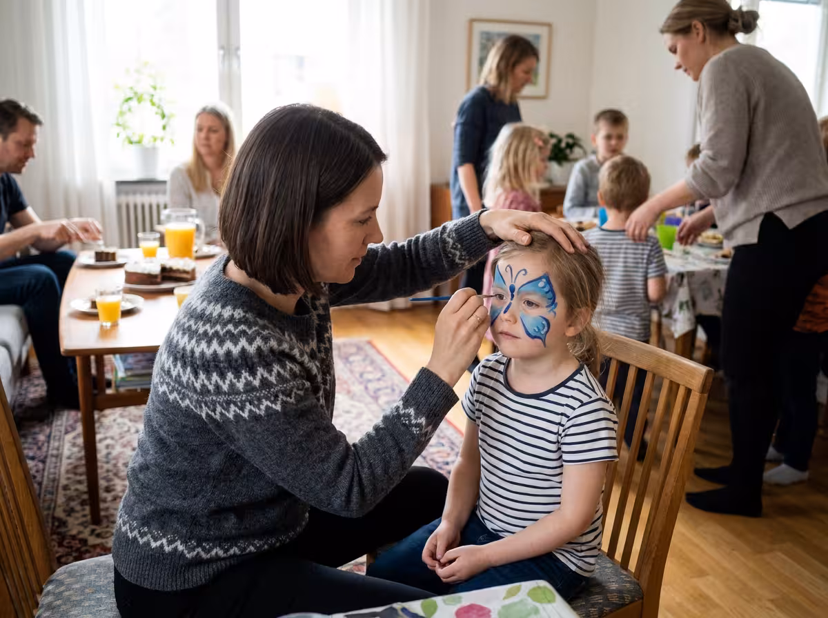 Ett barn får ansiktet målat som en fjäril av en vuxen under ett kalas