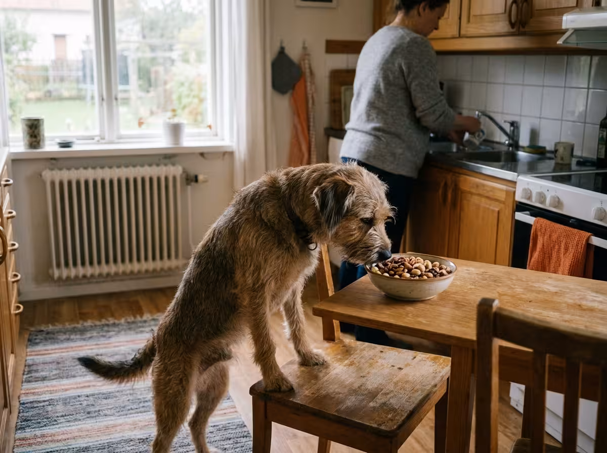 Hund som nyfiket tittar på en skål med blandade nötter på ett köksbord
