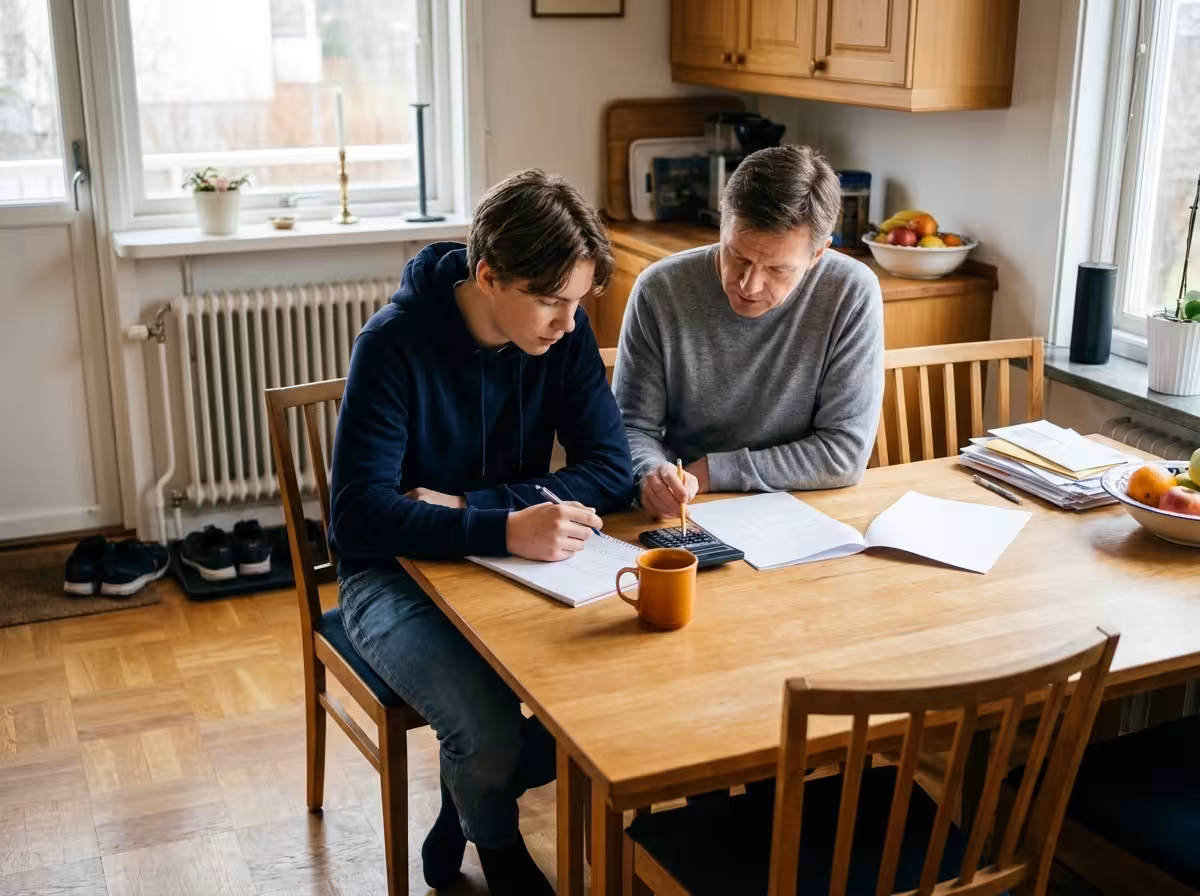 Barn och förälder sitter tillsammans vid köksbordet och räknar ut median på ett papper