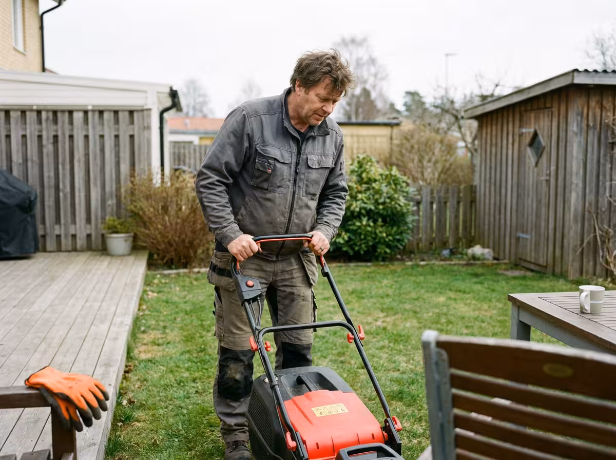 En person vertikalskär en grön gräsmatta med en vertikalskärare på våren