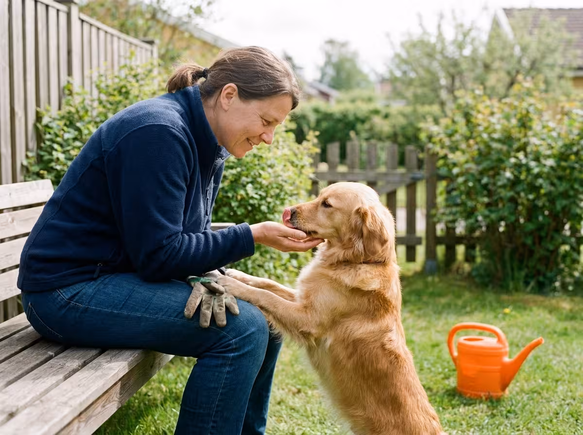 Hund som slickar sin ägare i ansiktet medan ägaren skrattar