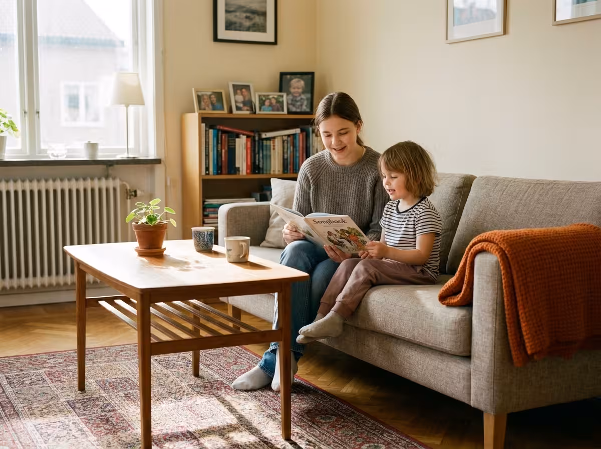 Barnvakt sitter i soffan med ett barn och sjunger tillsammans ur en sångbok