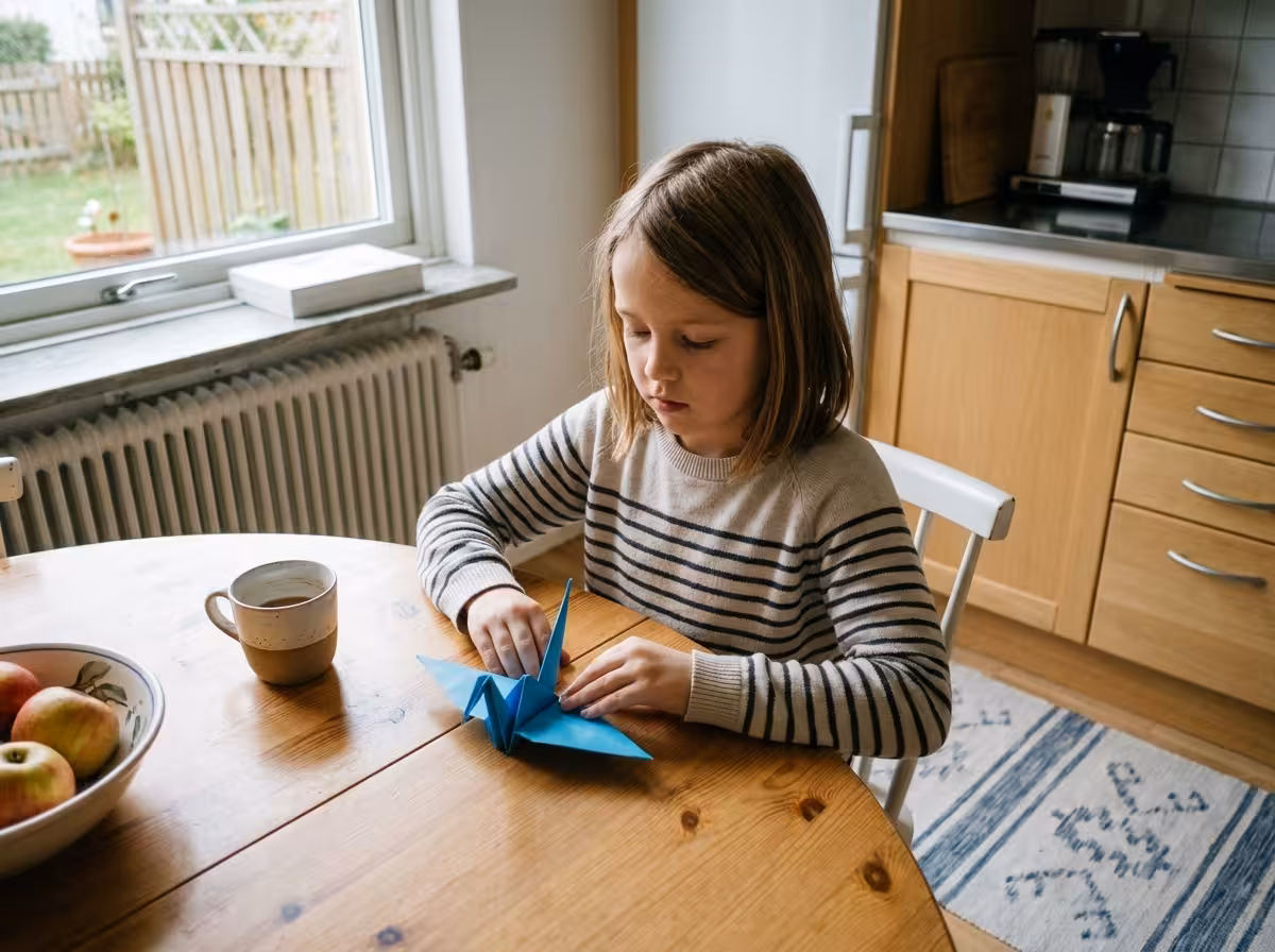 Ett barn viker ett papper till en origamifigur vid köksbordet