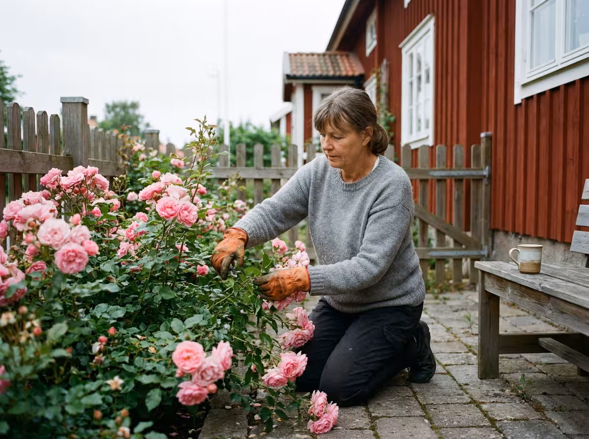 Rosa trädgårdsrosor i full blom längs en stenlagd gång i en svensk trädgård