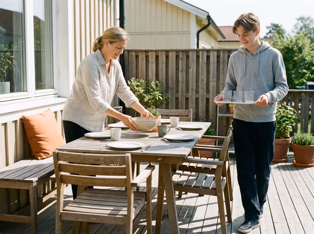 En ren och solig altan utan spindelnät, dukad för sommarkvällar