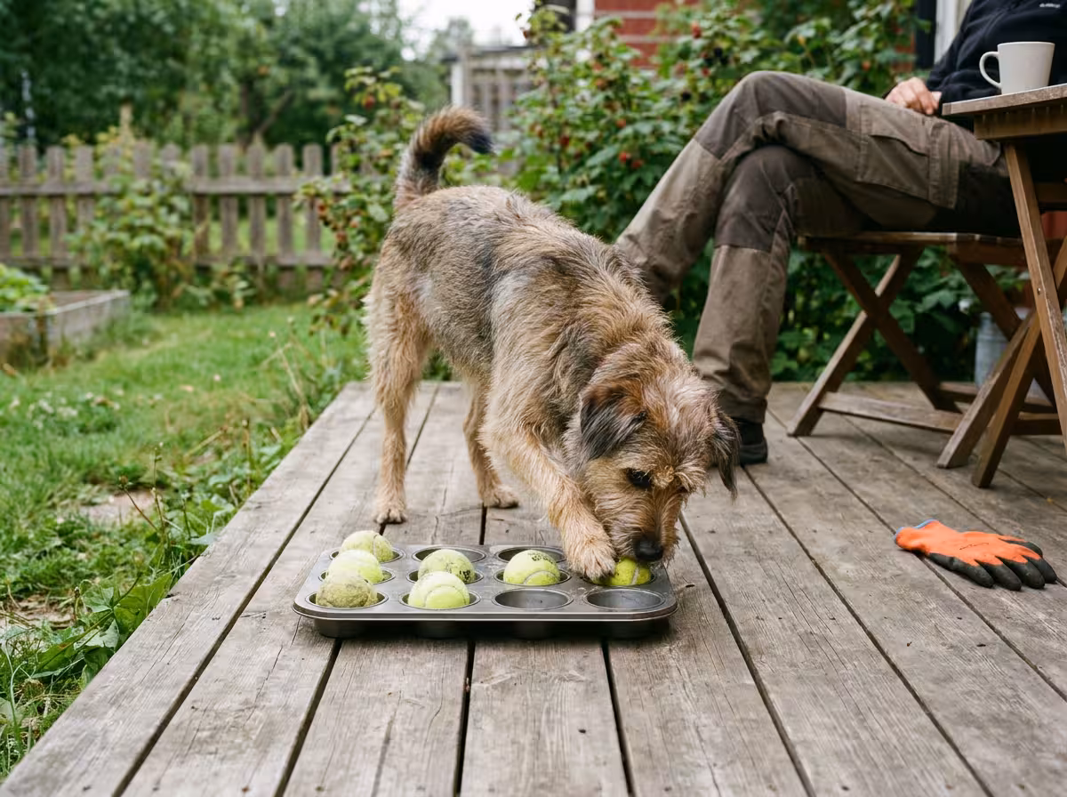 Hund som leker med en hemmagjord aktivitetsleksak av muffinsform och tennisbollar