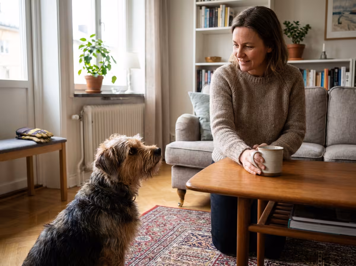 En hund tittar upp med blanka ögon mot sin ägare inomhus