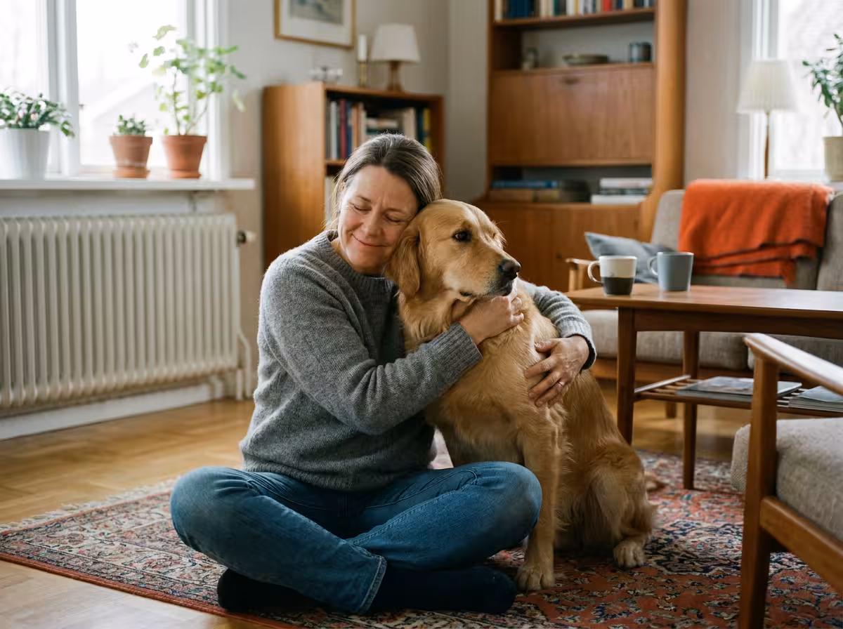 En person sitter på golvet och kramar om sin hund i vardagsrummet