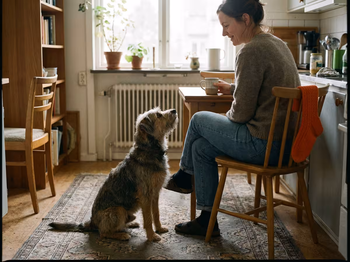 Hund som sitter och stirrar uppmärksamt på sin ägare inomhus