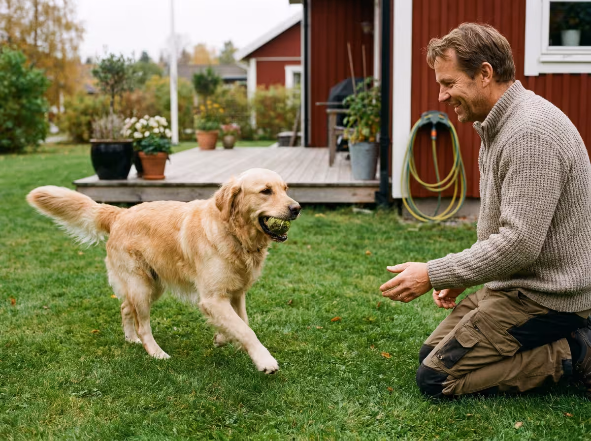 Hund som apporterar en boll i gräset under träning utomhus