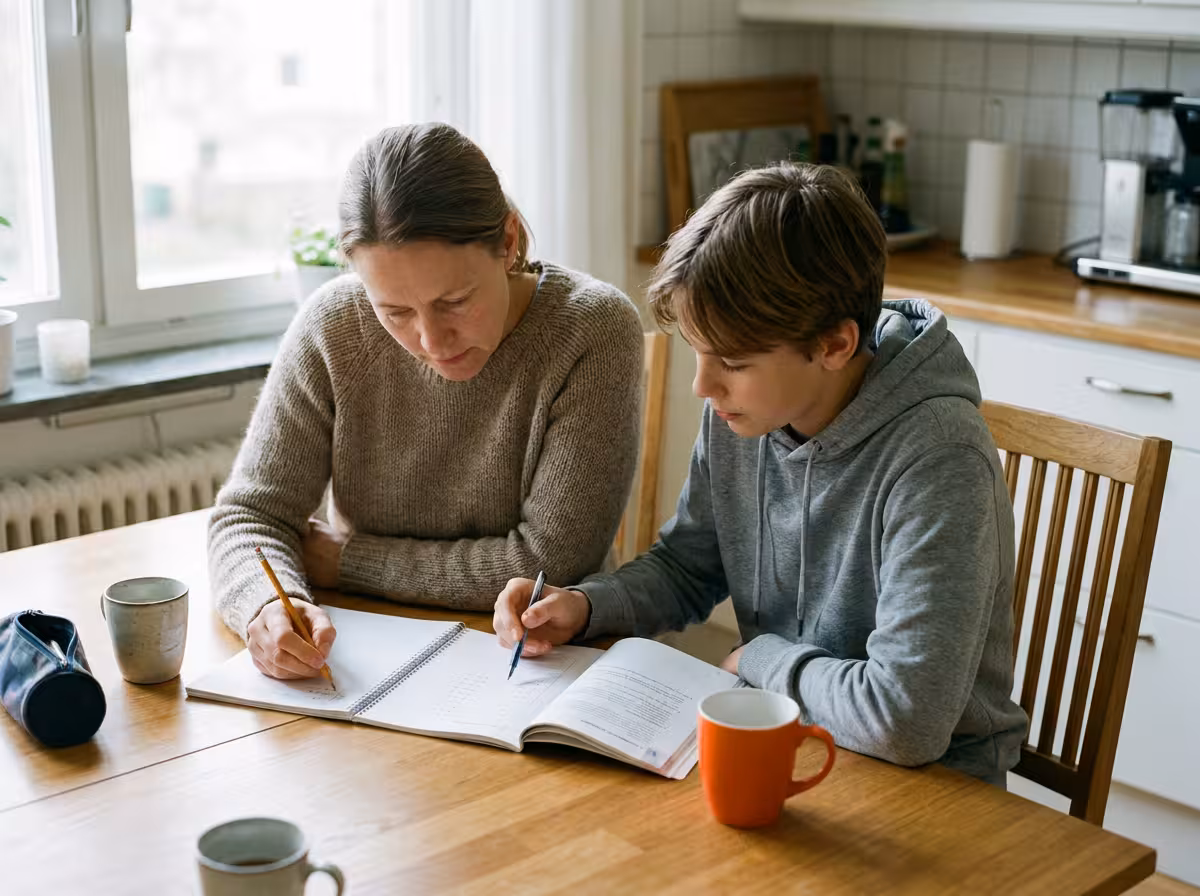 En förälder och ett barn sitter vid köksbordet och räknar ut primtal tillsammans i en skrivbok