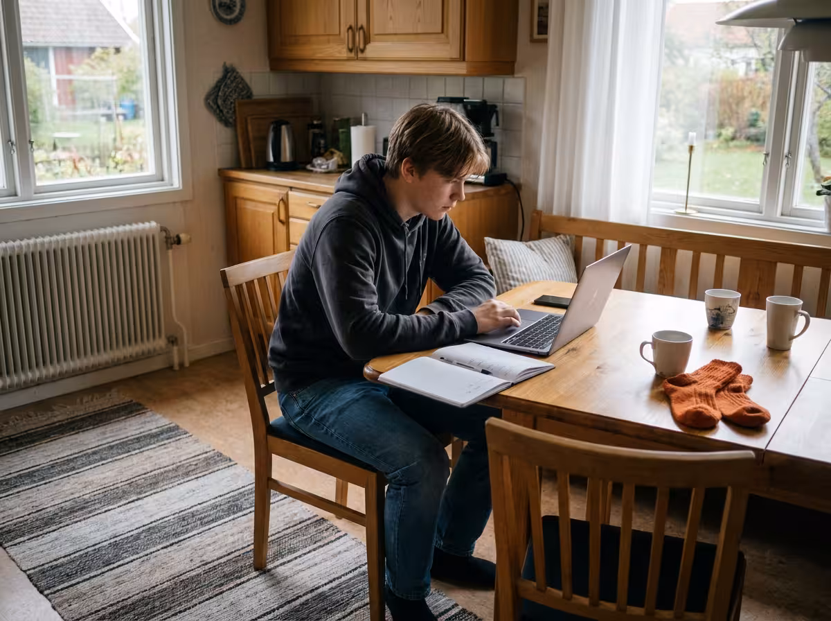 Ungdom sitter vid köksbordet och skriver ett PM på sin dator med anteckningsblock bredvid